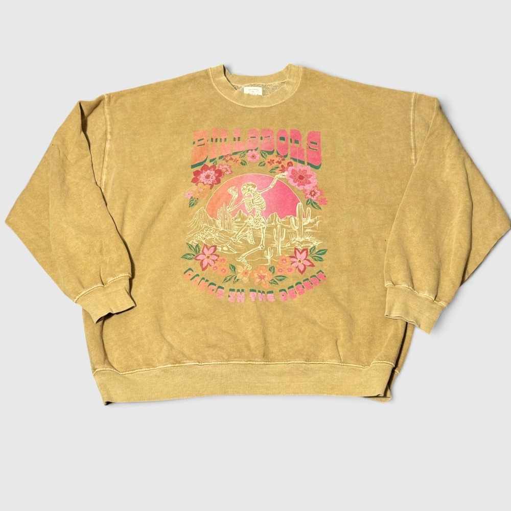 Billabong Oversized Sweatshirt XL Tan Dance in the Desert Skeleton Graphic Boho